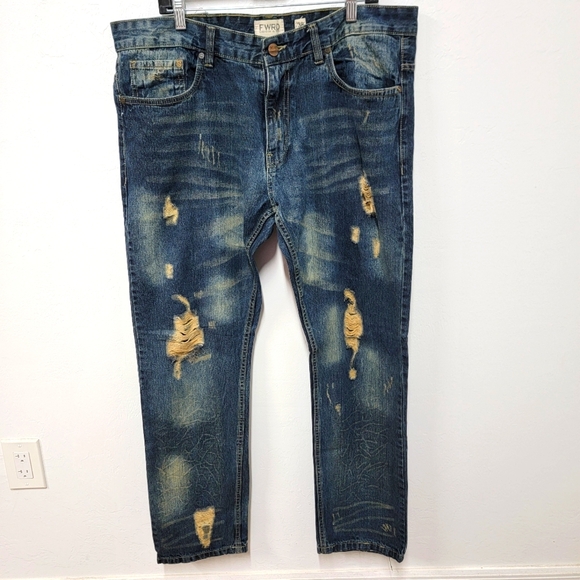 #405FWRD Denim men's distressed blue jeans size 36WX32L - Picture 1 of 7